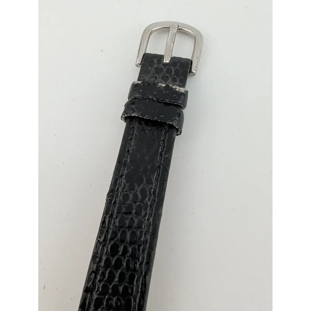 Women's Watch 23mm Silver Case Black Faux Leather Band- New Battery